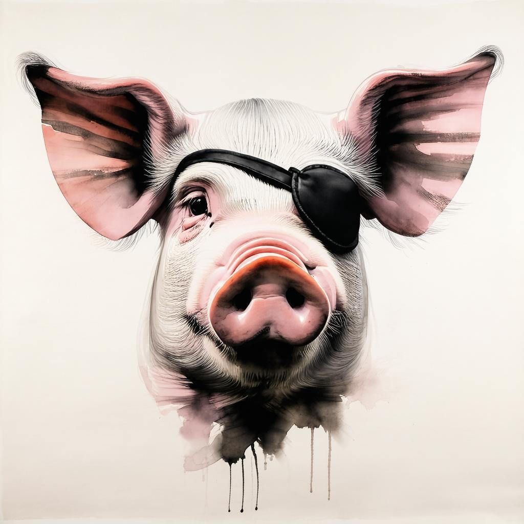Ink Wash Pig With a Pirate Eye Patch