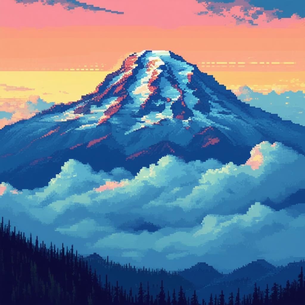 Mount Rainier Sunrise in Vibrant Pixel Color