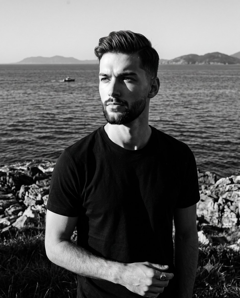 Cinematic B&W Coastal Male Portrait