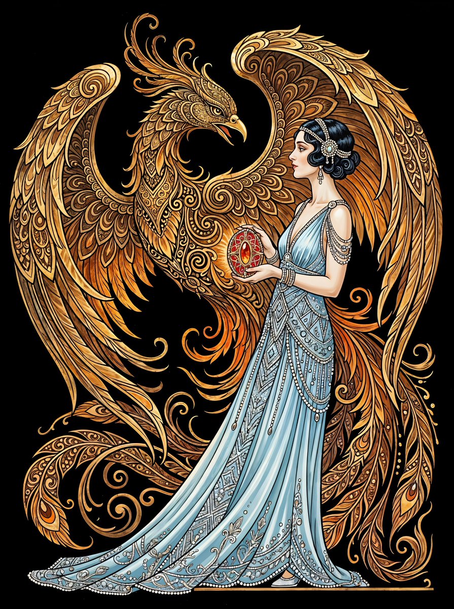 Art Deco Woman and Phoenix