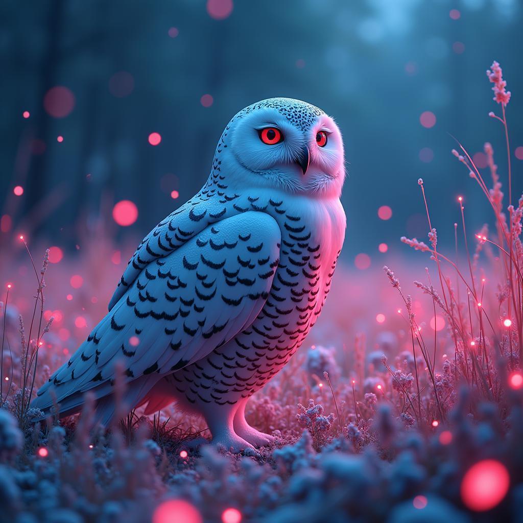 Snowy Owl Standing in Neon Cyber Grass