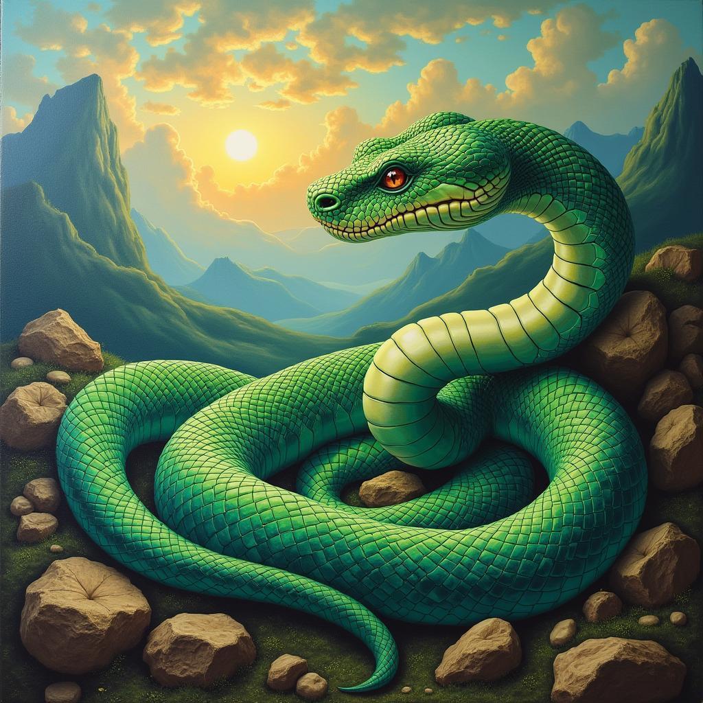Iridescent Green Snake in Surreal Otherworldly Light