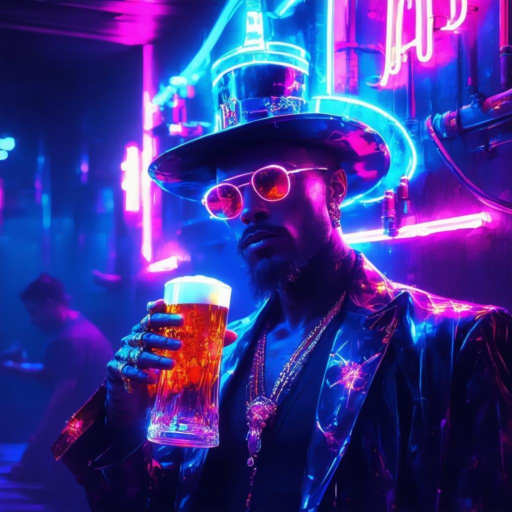 Neonpunk Magician Toasting Beer in Neon Fog