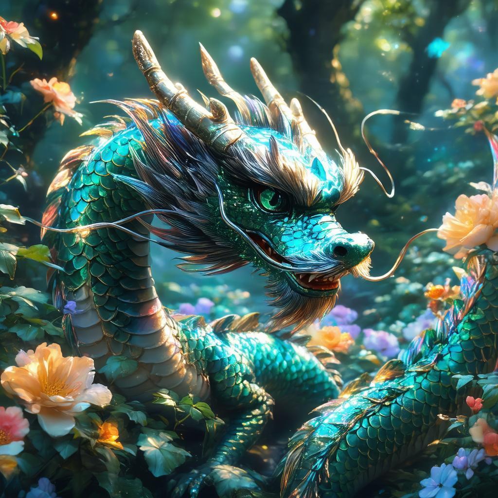 Iridescent Dragon Coiled in a Floral Garden