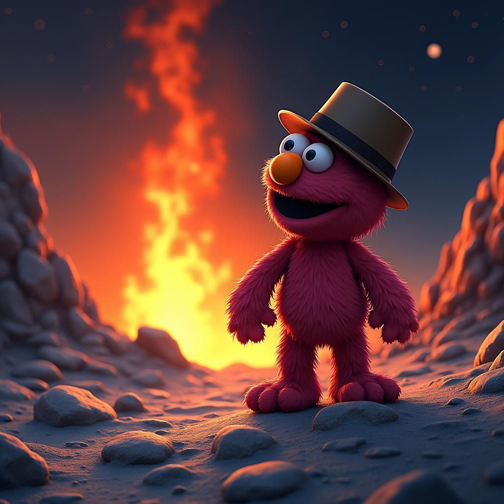 Anime Elmo in a Fedora on the Moon