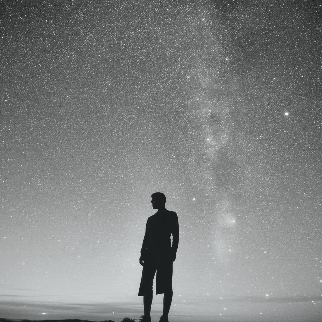 Enigmatic Monochrome Figure in Starry Desolation