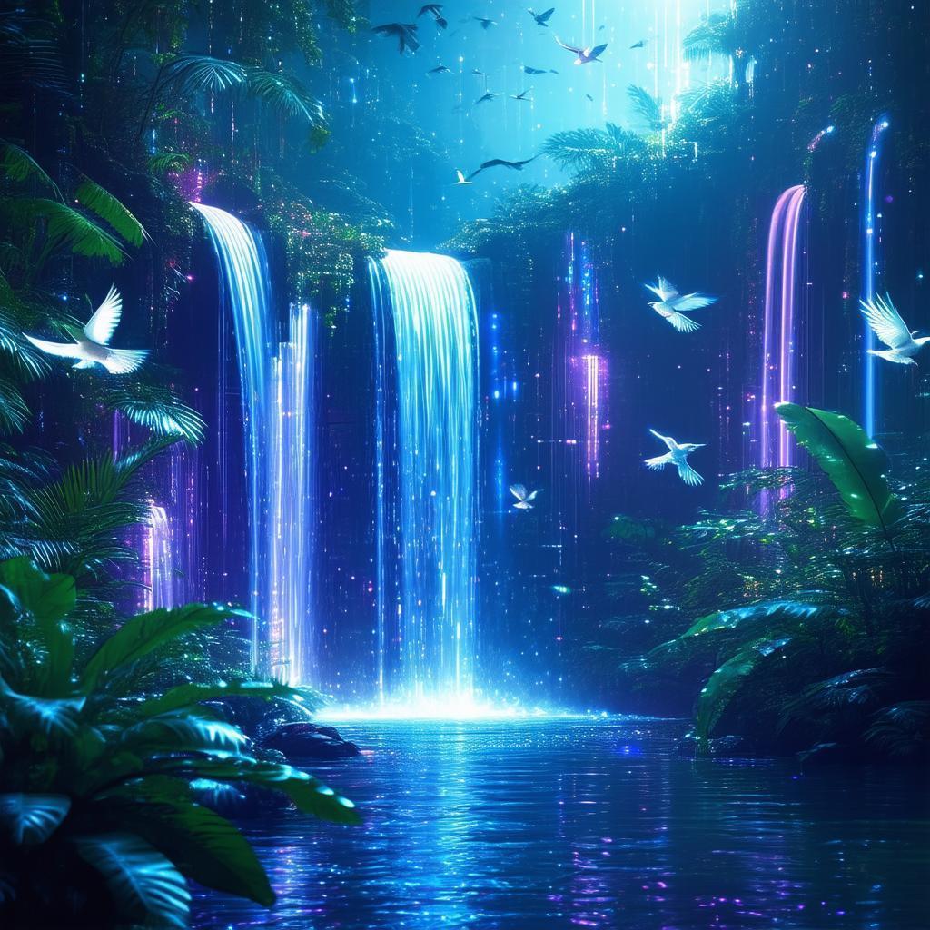 Glowing Waterfall Amid Cybernetic Greenery and Birds