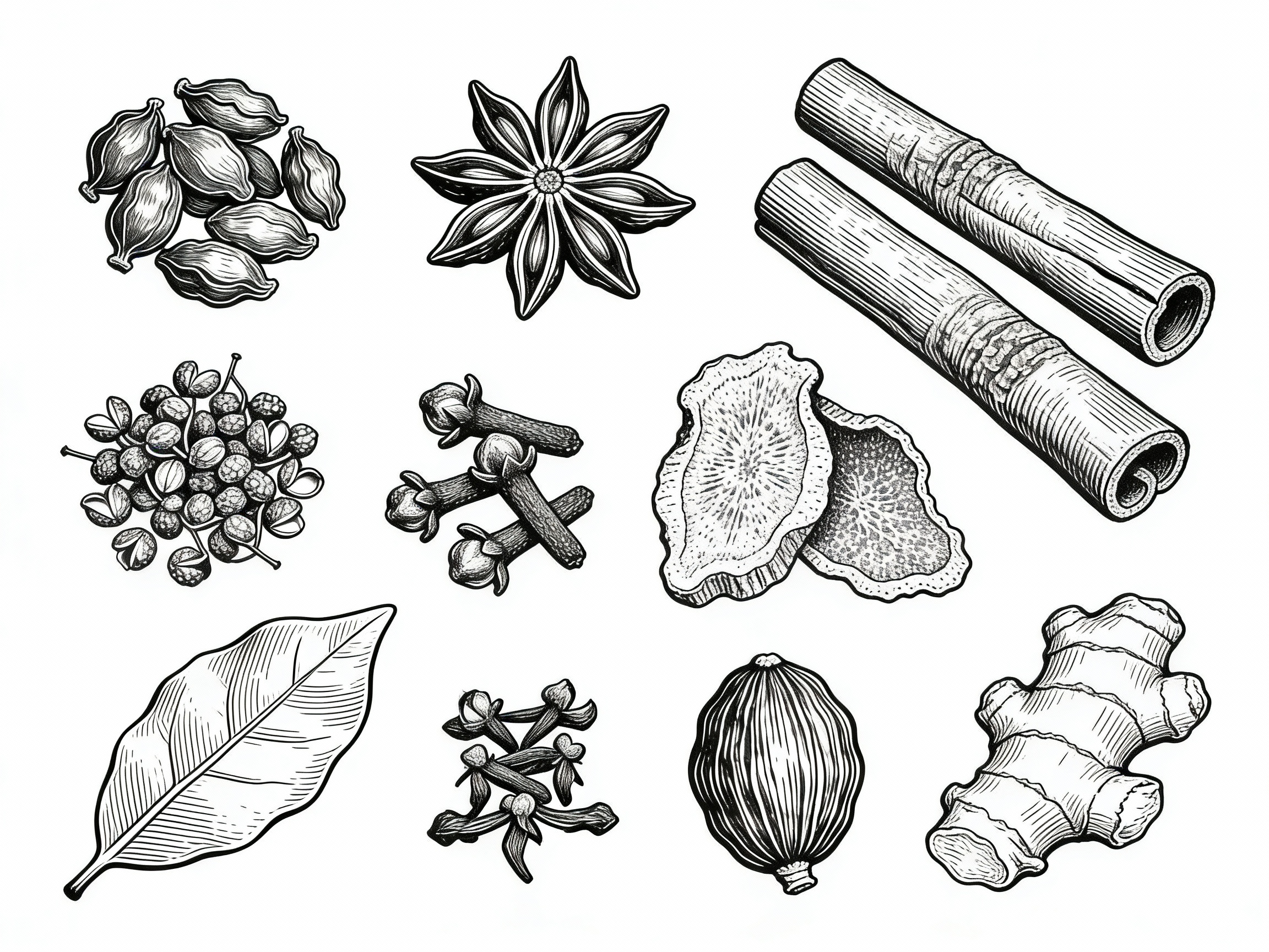Line Art of Traditional Chinese Seasoning Herbs