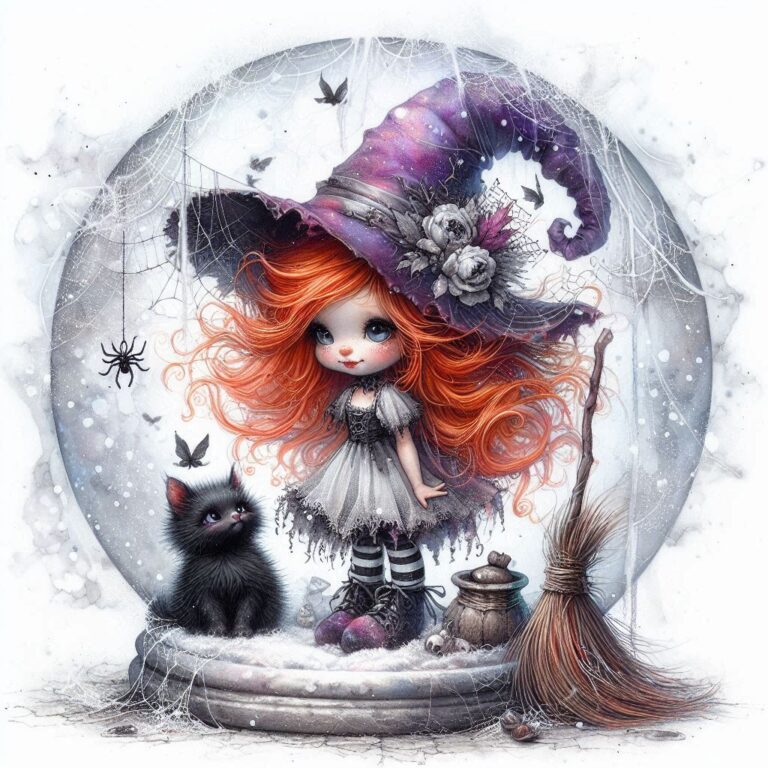 Whimsical Witch in Snow Globe Scene