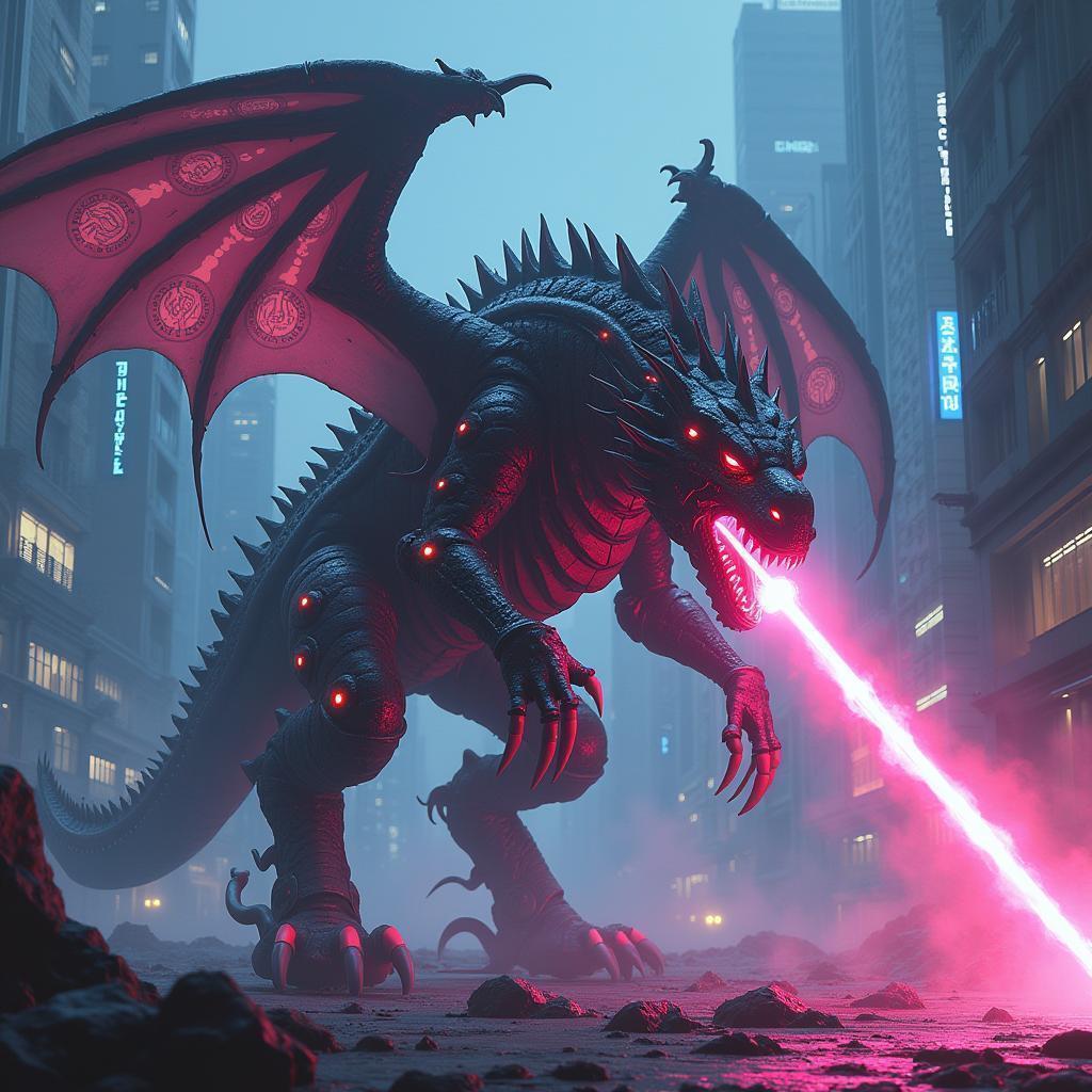 Neon Mech Dragon Firing Across the City