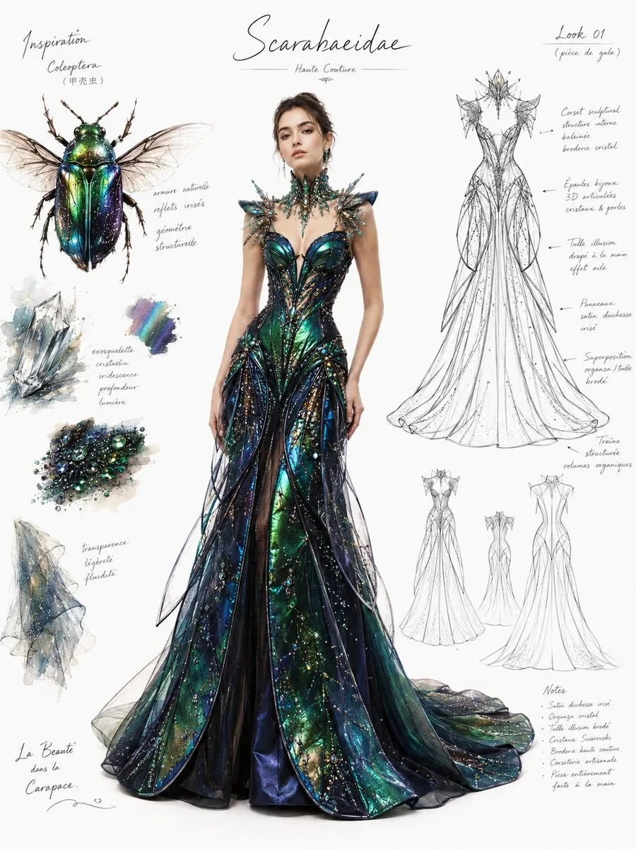 Fashion draft / High-level dress design page with theme inspiration from inspirational theme
