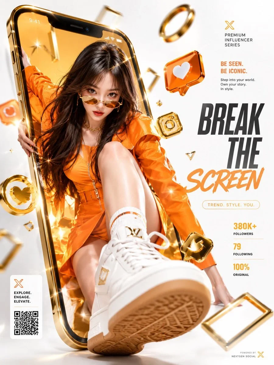 A dynamic luxurious commercial advertising poster featuring a superreal 3-D replica of a vibrant young woman w