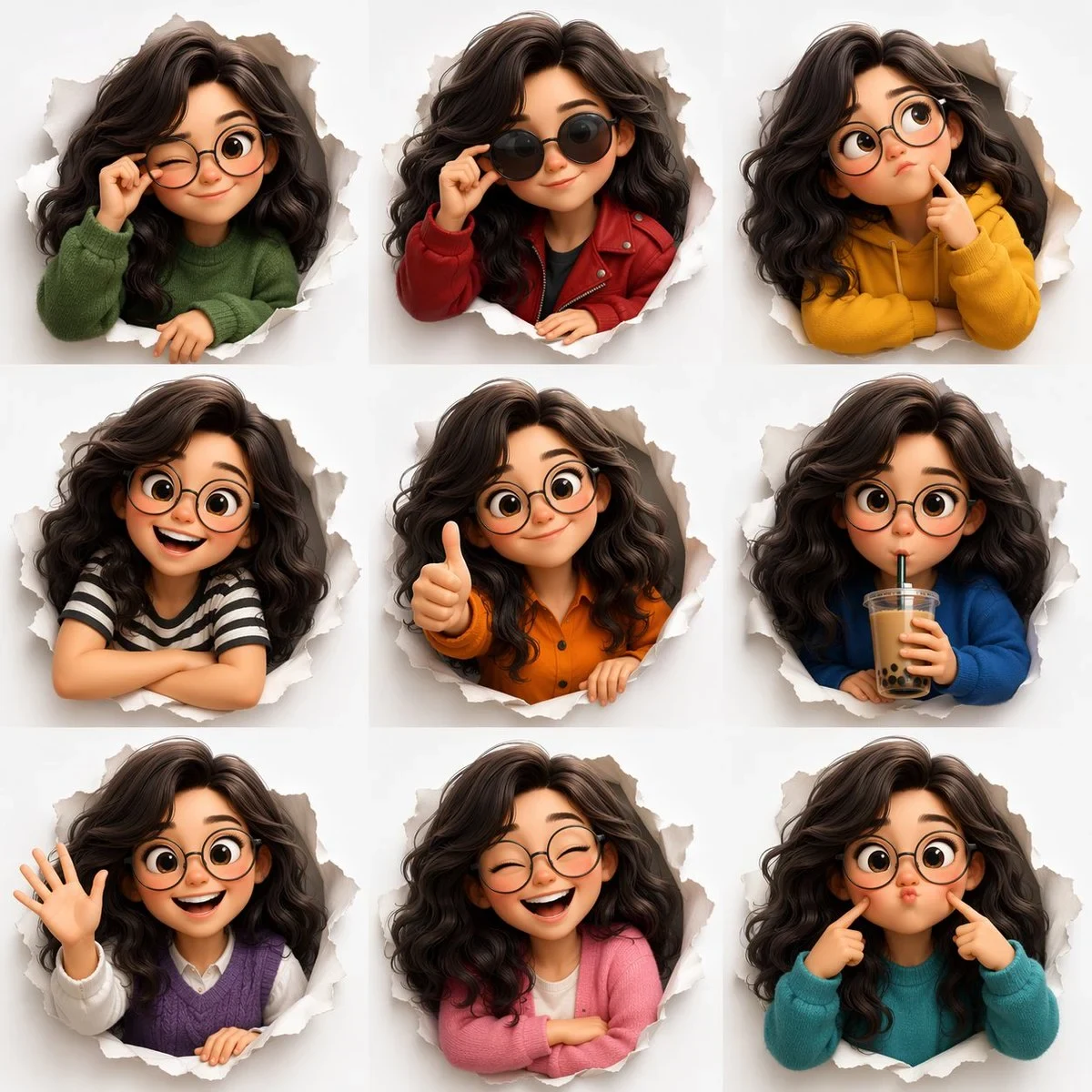 3D Pixar-Style Expression Sheet, Cute Stylized Avatar with Wavy Dark Hair