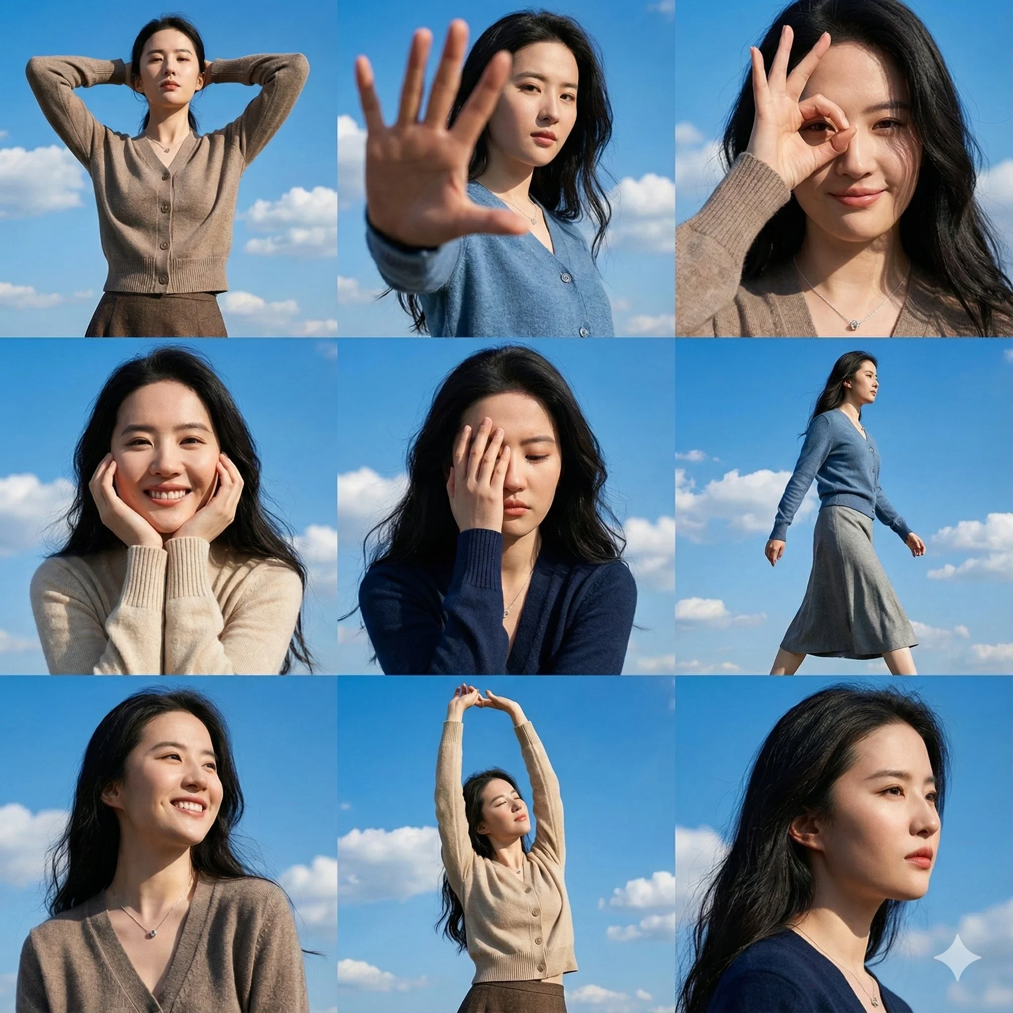 A high-resolution 3x3 grid photo collage, with nine different dynamic positions, with the above-mentioned fema