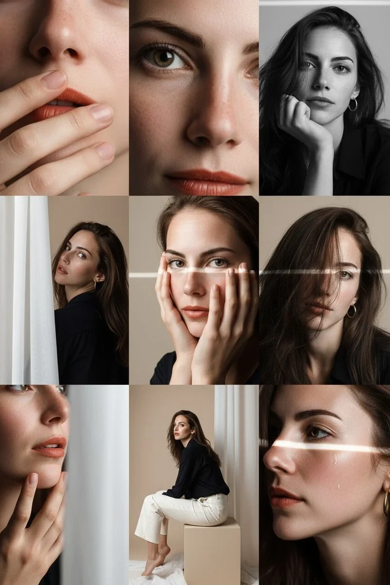 In the soft and white workroom, build 3x3 fine-edited photo grids with deep blue and thin shirts, white pants,