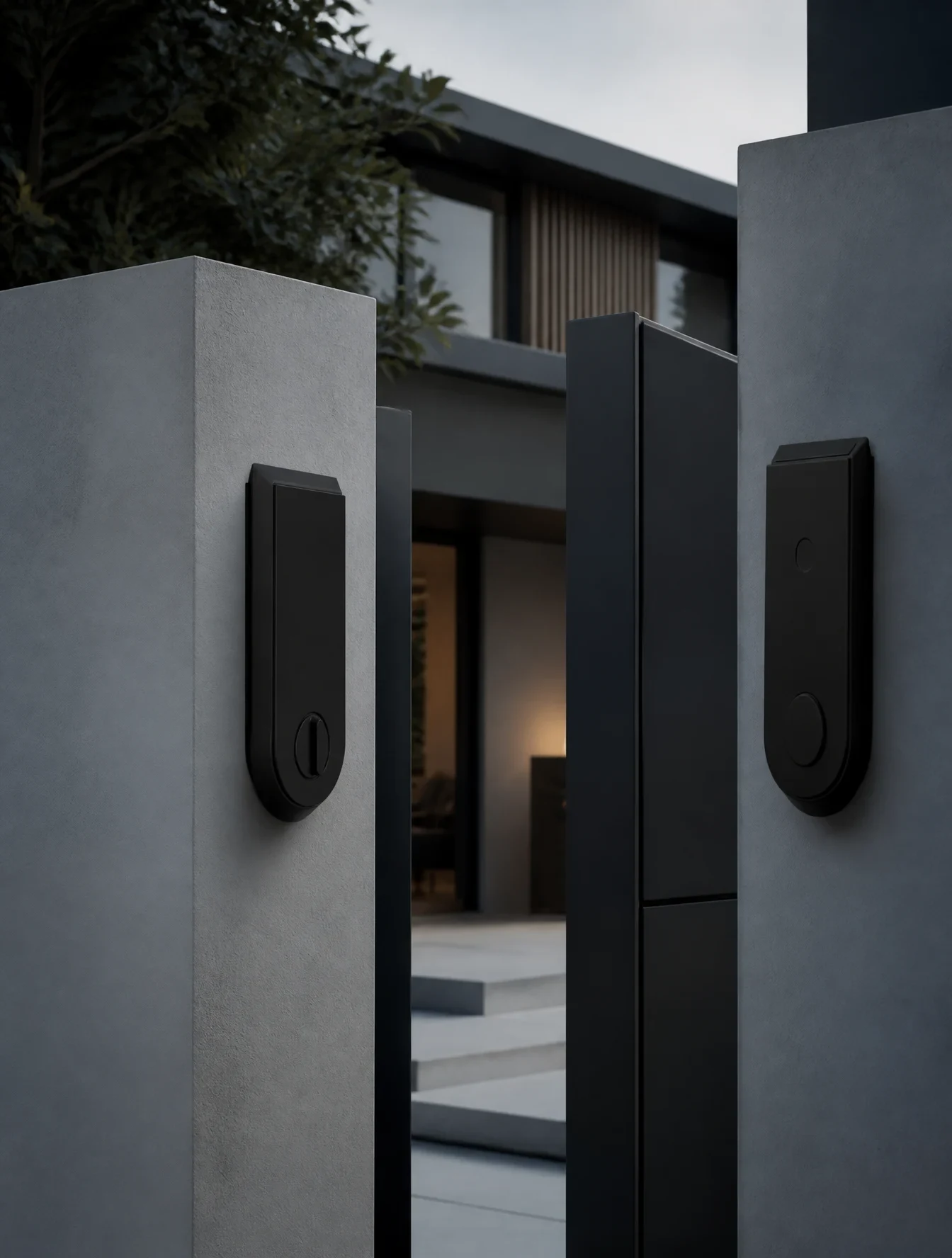 Subjects and actions, two dumb black, ultra-simplified electronic doorbells on both sides of the door frame of