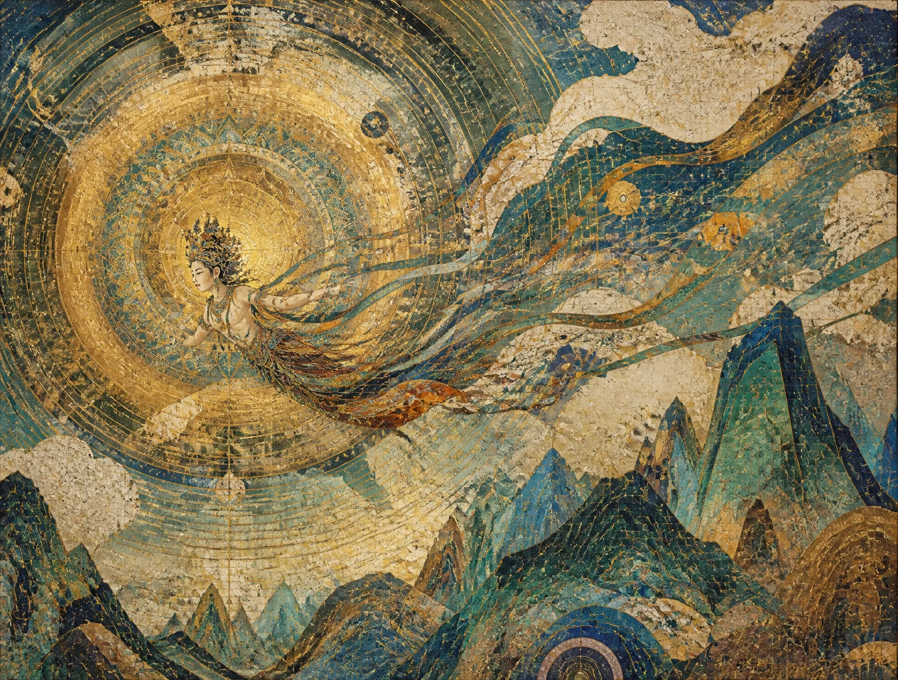 An ancient, lost, civil fresco, and a brilliant, flying fairy came out of a giant golden mandrake, with a crow