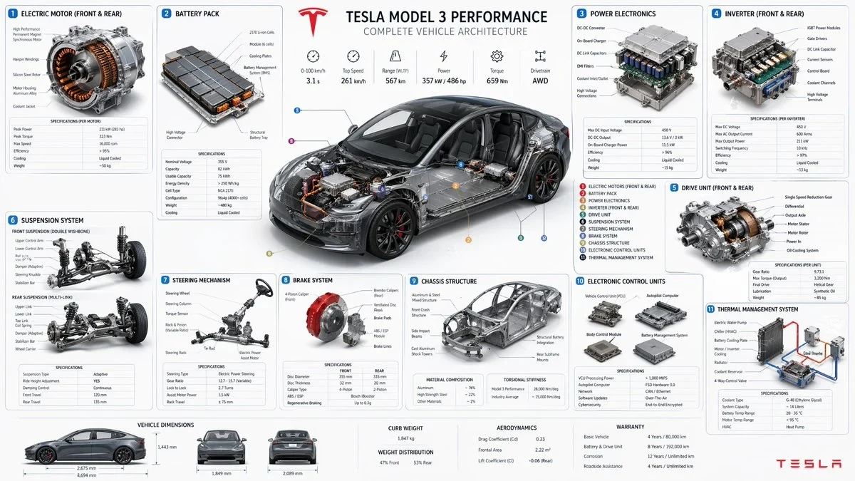 Help me generate Tesla's main parts, a full picture of the details, and the details of the modules. Figure