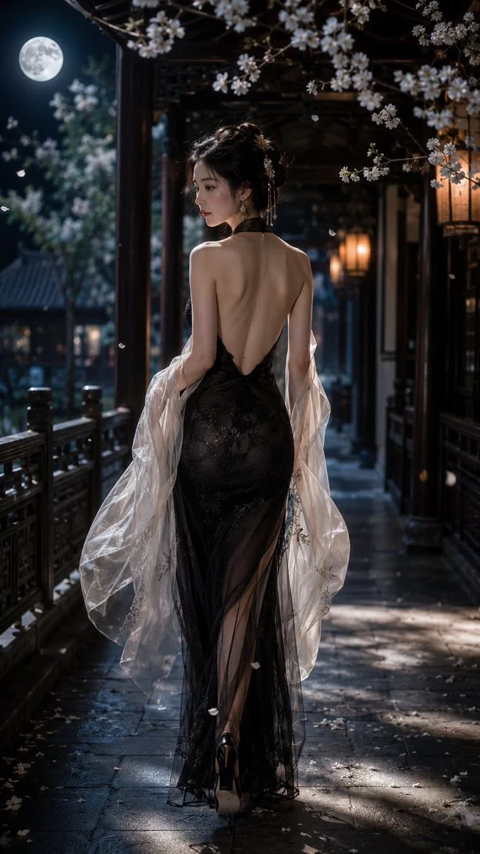 An adult Eastern woman, 9:16 vertically, with real style, with a back-faced face, walking around a classical, 