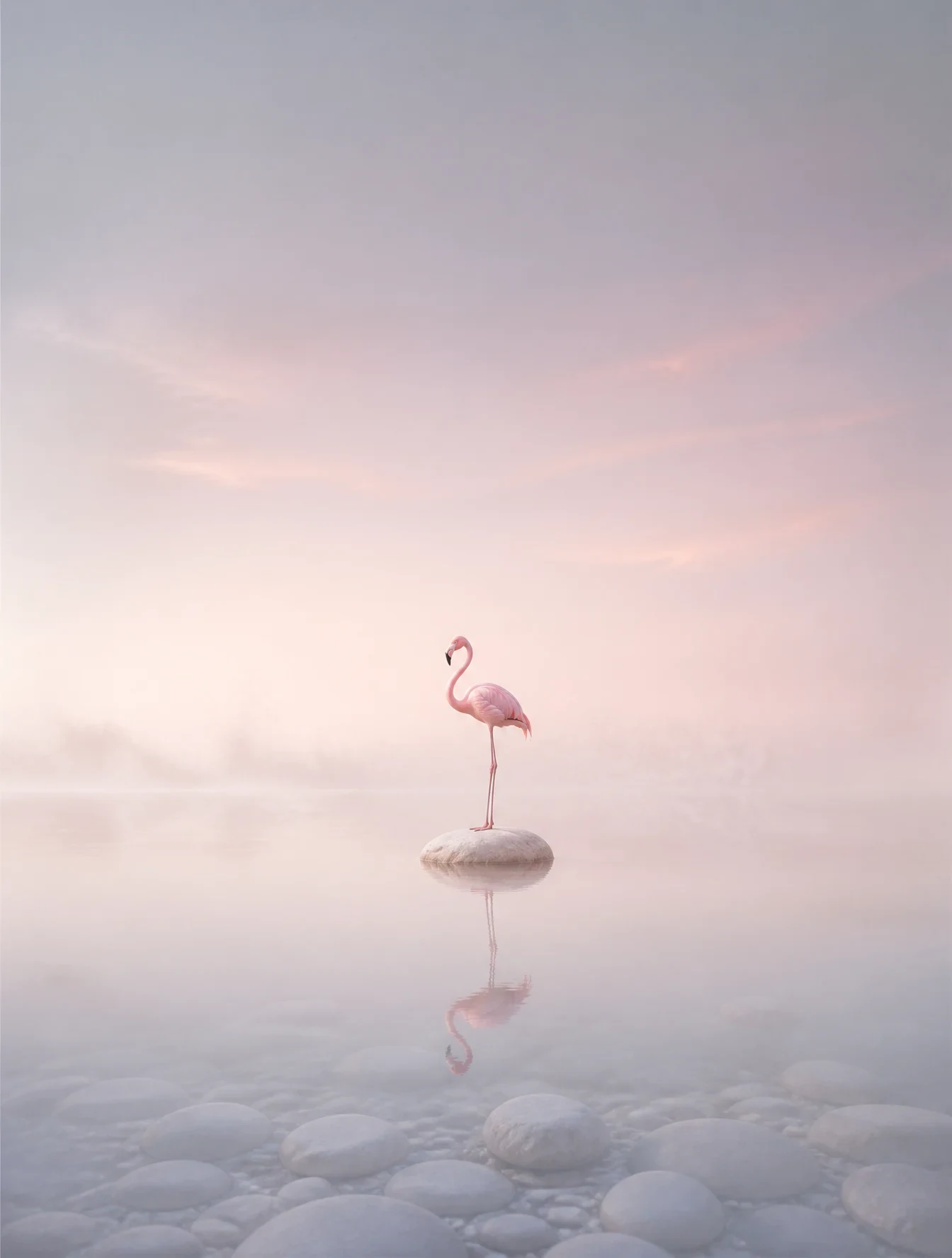 A lonely flamingo stands still on a smooth, light pebble with clear, soft, silky water around it.