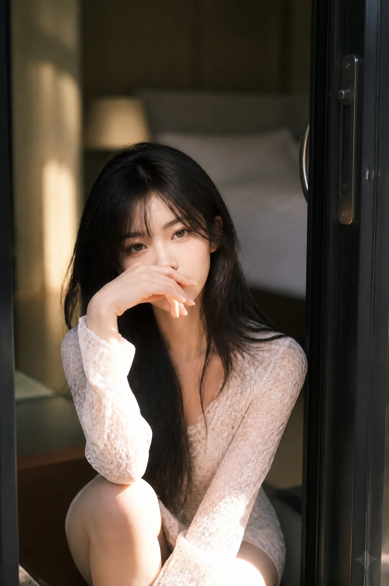 A Beautiful Asian Woman with Long, Flowing Dark Hair Sits Gracefully in