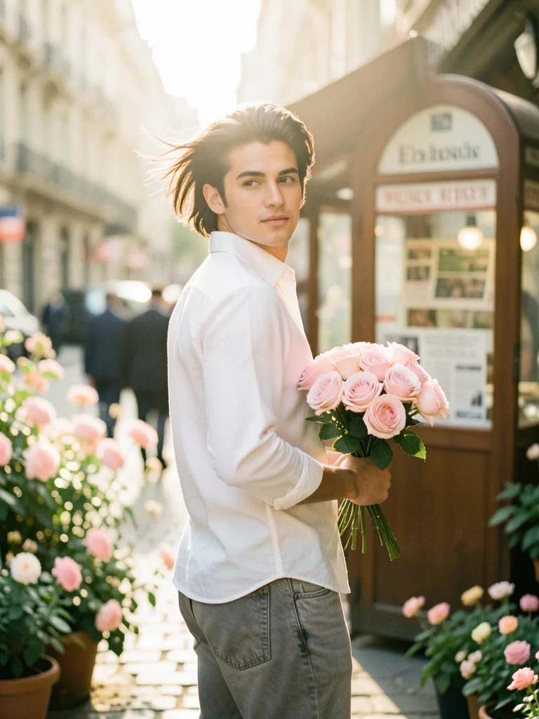 A Beautiful Young Man with Dark Flowing Hair Holding a Bouquet of Soft Pink Roses