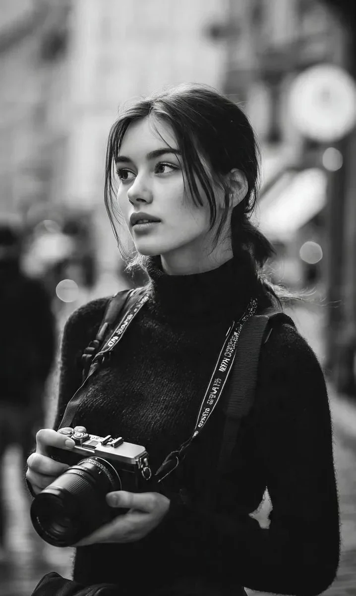 A Cinematic Black-And-White Street Portrait of a Young Woman Photographer Standing
