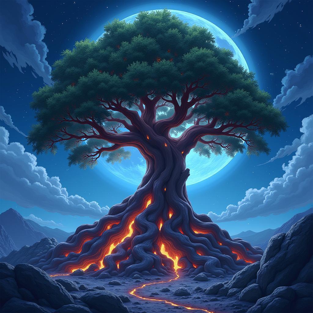 Moonlit Tree With Glowing Entwined Roots
