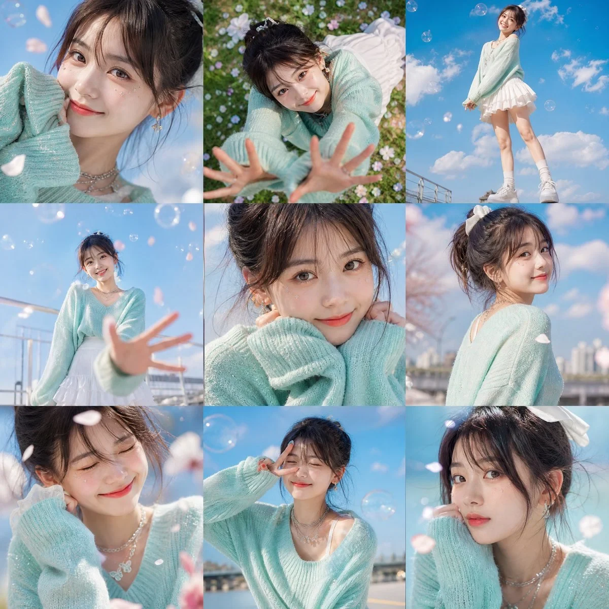 A Vibrant 3×3 Grid Photo Collage Containing Nine Unique and Expressive Poses Based