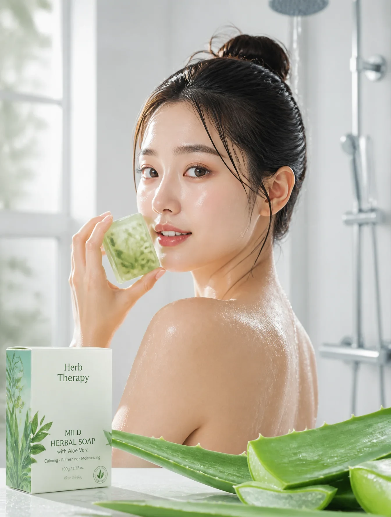 A Young East Asian Woman with a Damp, Dewy Complexion and Hair Pulled into a Messy