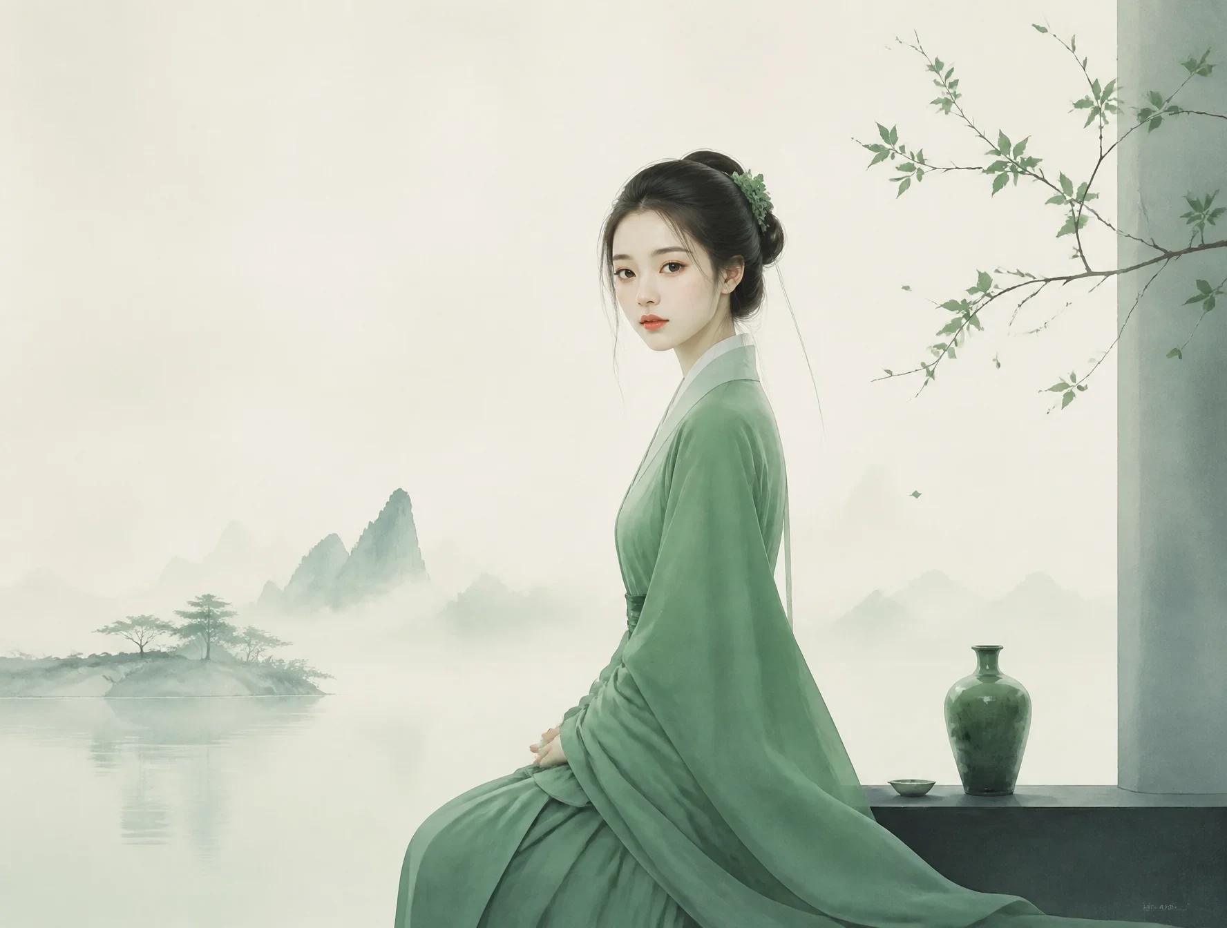 It's a very simple oriental picture of a fine-looking oriental woman, a green-coloured system, a strong satura