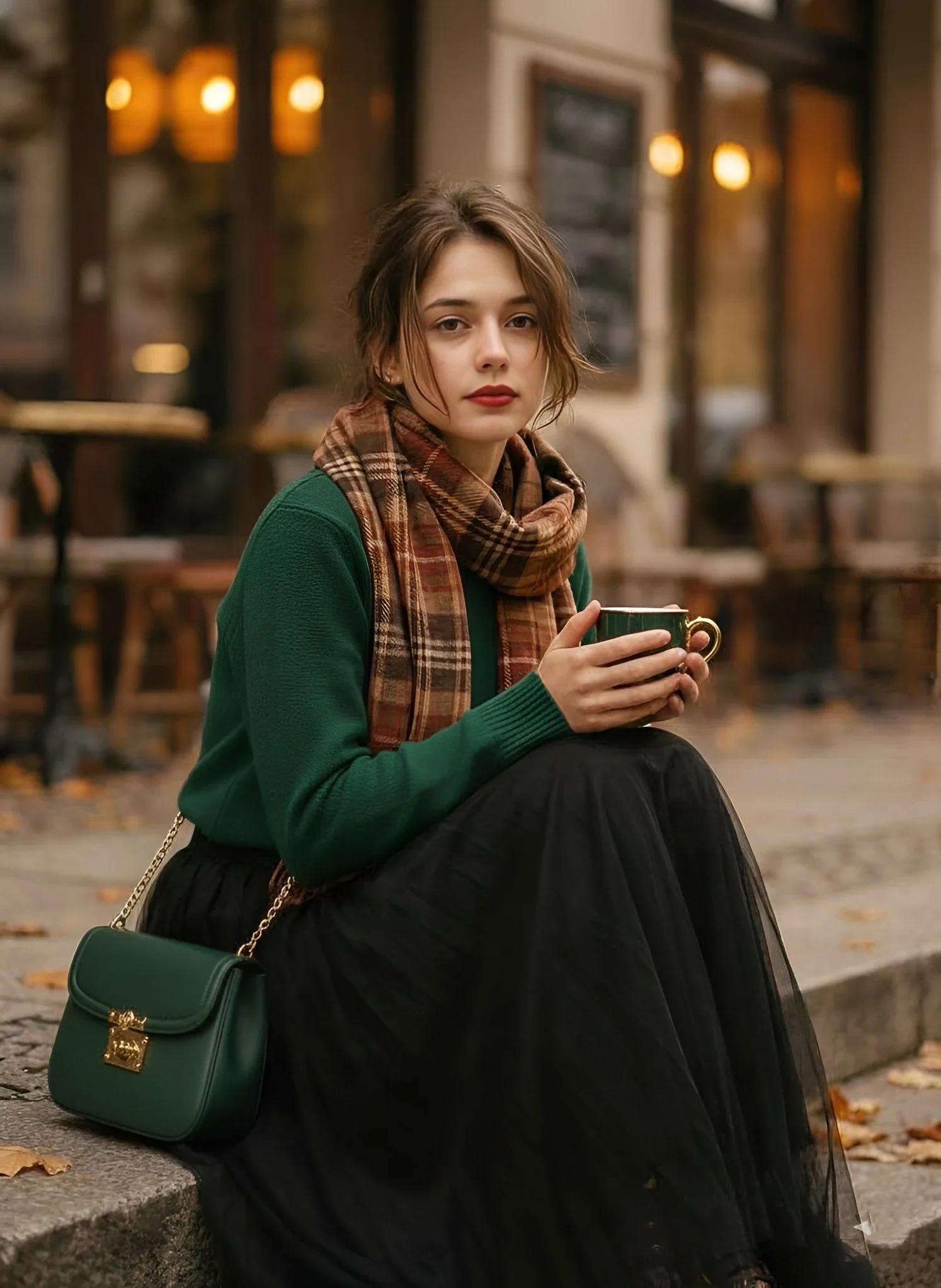 Aesthetic 1970s-inspired Fashion Portrait of a Stylish Young Woman Sitting