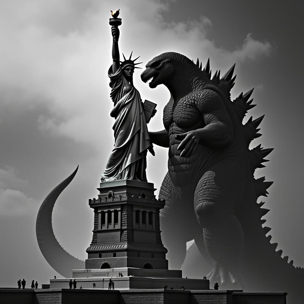 Godzilla Versus Lady Liberty in Stark Monochrome