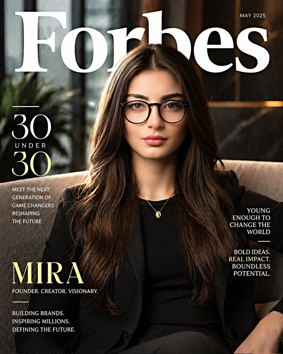 Hyper-Realistic Forbes “30 Under 30” Magazine-Style Portrait of the Same Woman