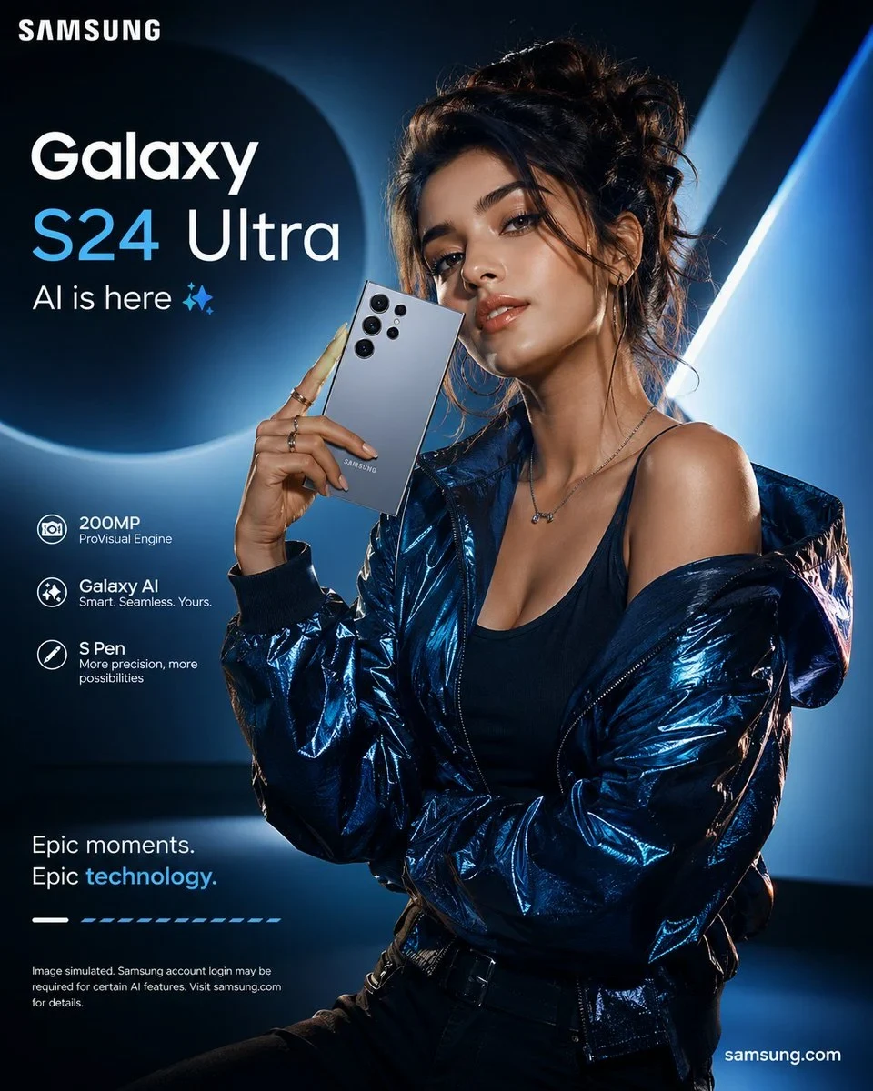 Premium Smartphone Advertising Poster Featuring a Stylish Young Female Model in