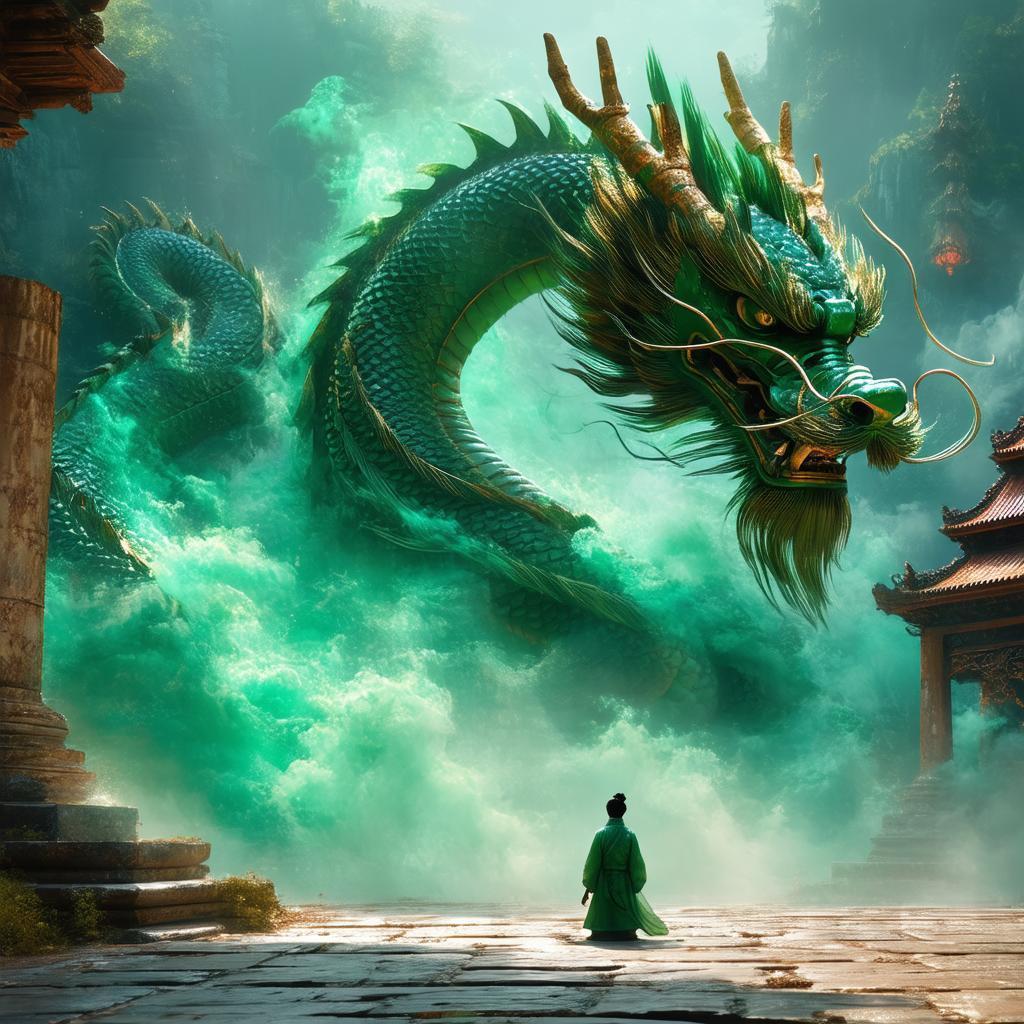 Golden Green Dragon Coiled Around Ancient Temples