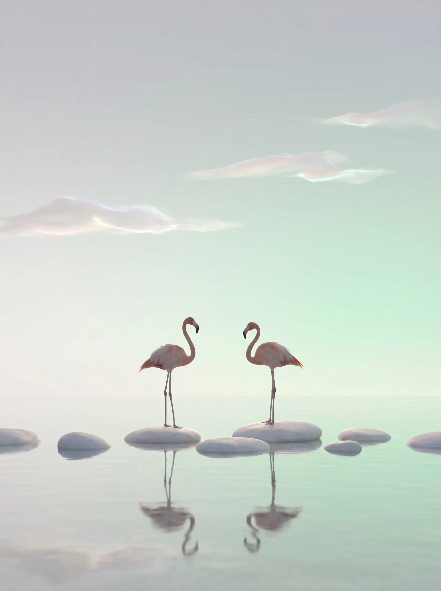 The two idle flamingos stand still on a smooth, light pebble, surrounded by clear, soft, silky waters.