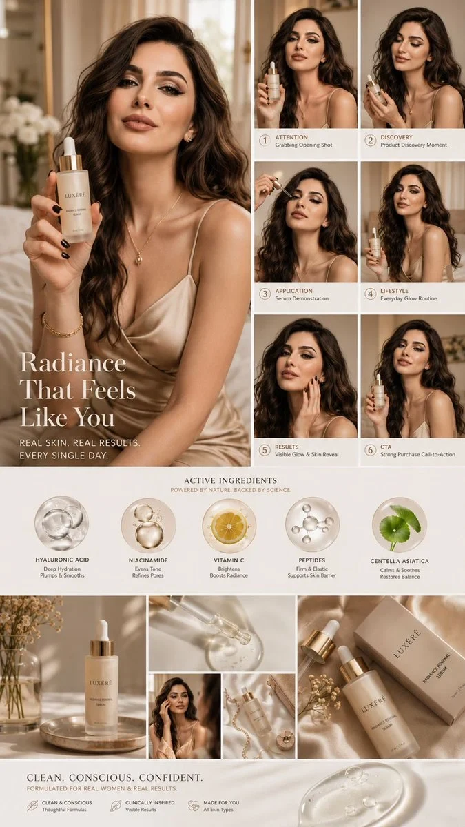 Luxury Skincare UGC Campaign Mood Board, Designed Around the Same Young Woman