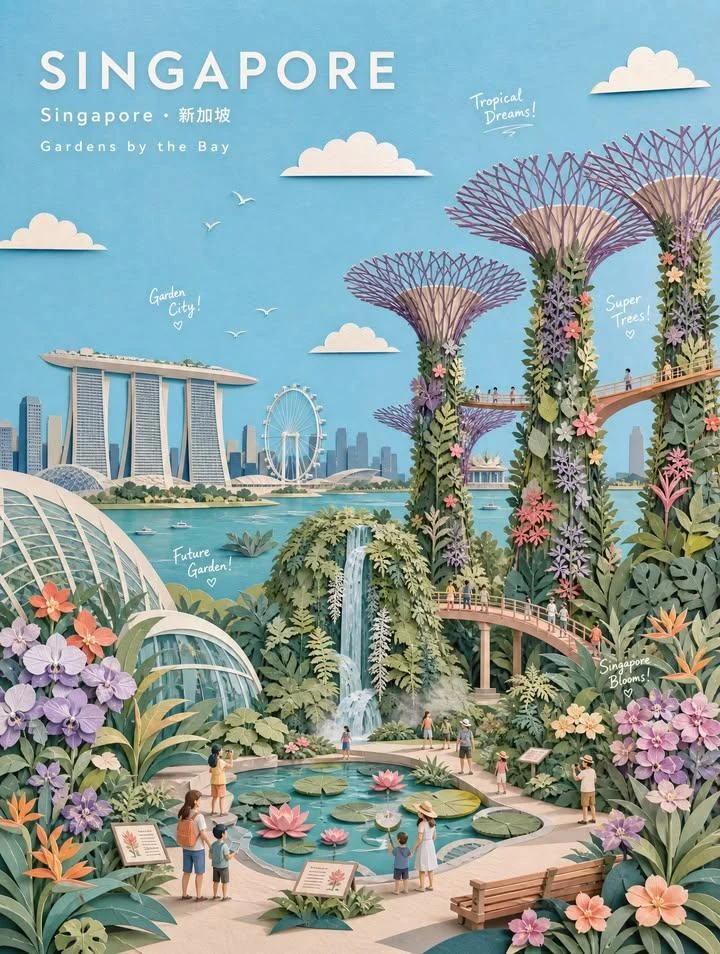 PASTEL PAPER-COLLAGE BOTANICAL GARDEN TRAVEL POSTER Create a Museum-Quality