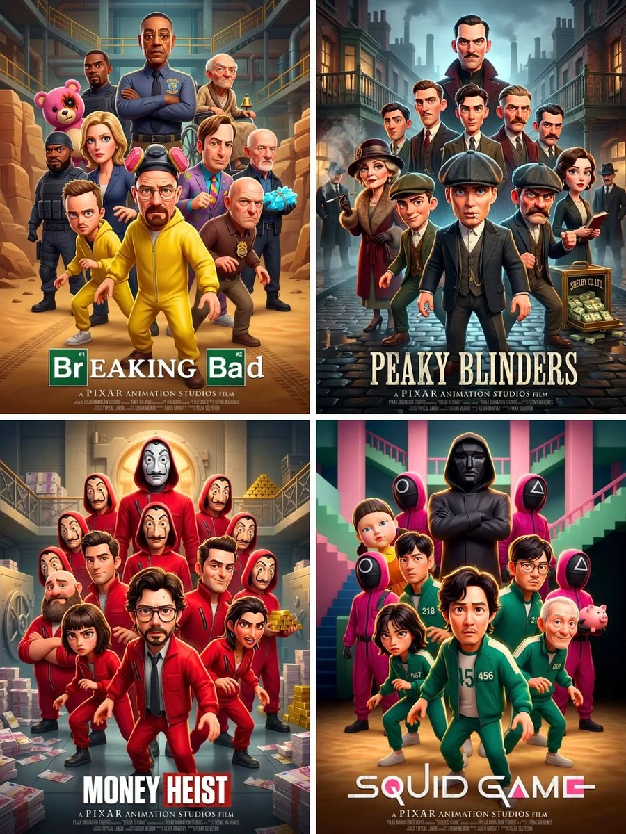 Pixar 3D CGI Animated Movie Poster Style, Ensemble Cast Featuring the Most Iconic