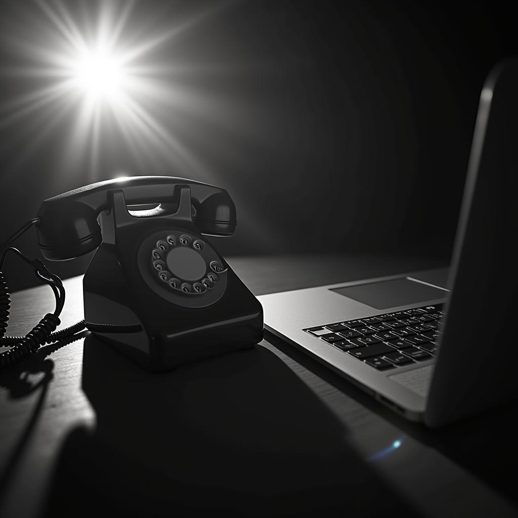 Vintage Phone Meets Laptop in Grainy Monochrome