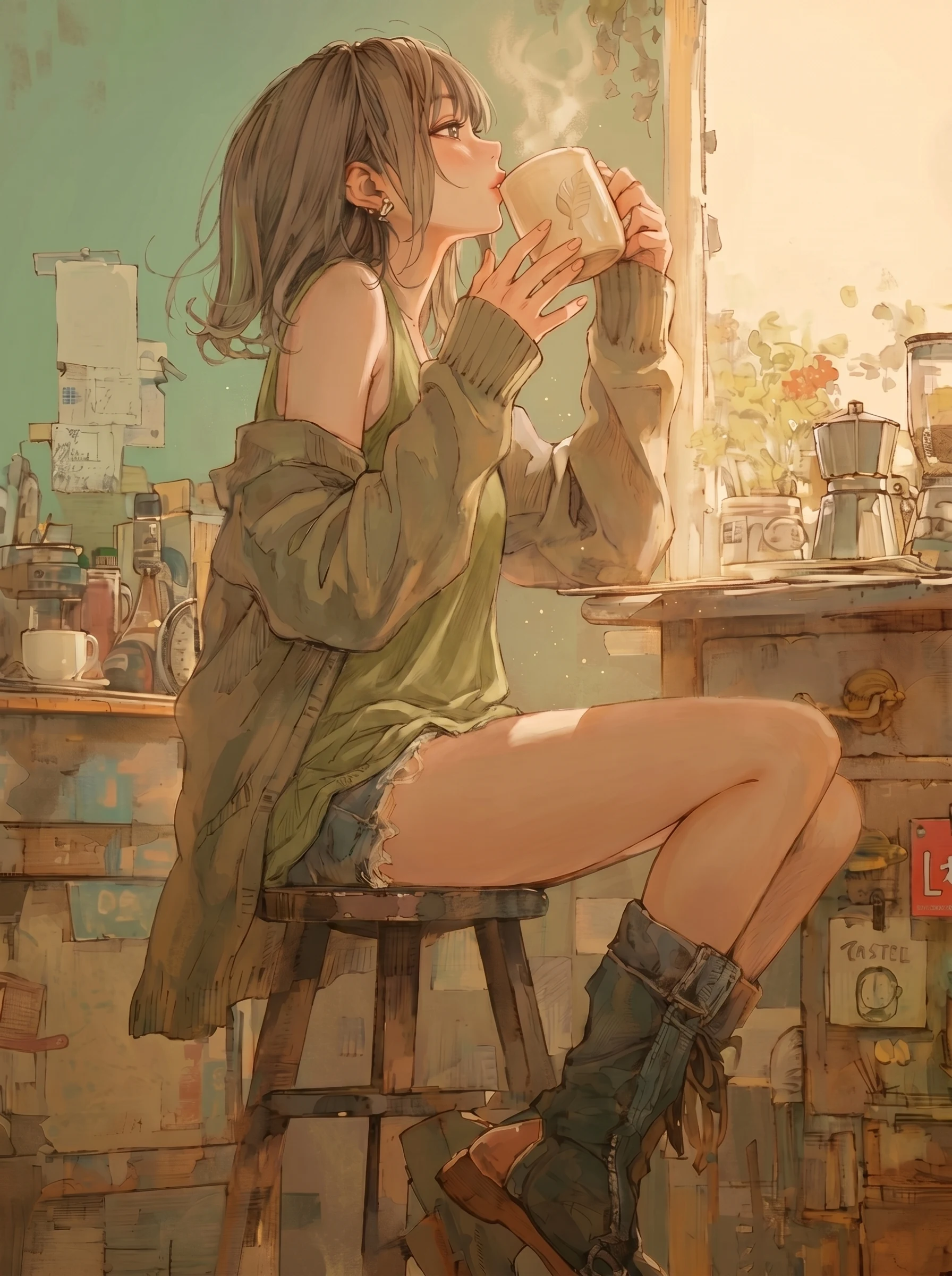 Scene and Action: a Young Woman with a Short, Neat Haircut Sits on a Rustic Wooden