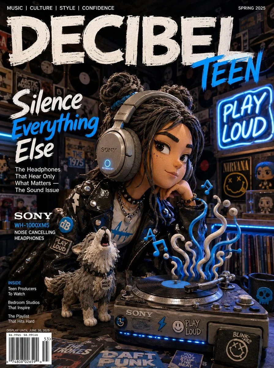 SUBJECT: a Bold Claymation Teenage Girl with Clay Space Buns and a Vinyl Clay