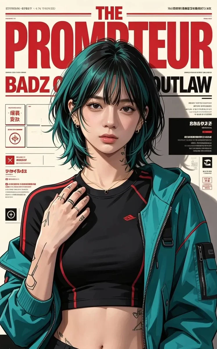 Anime/editorial Magazine Cover Illustration of a Stylish Cyberpunk-Inspired Young