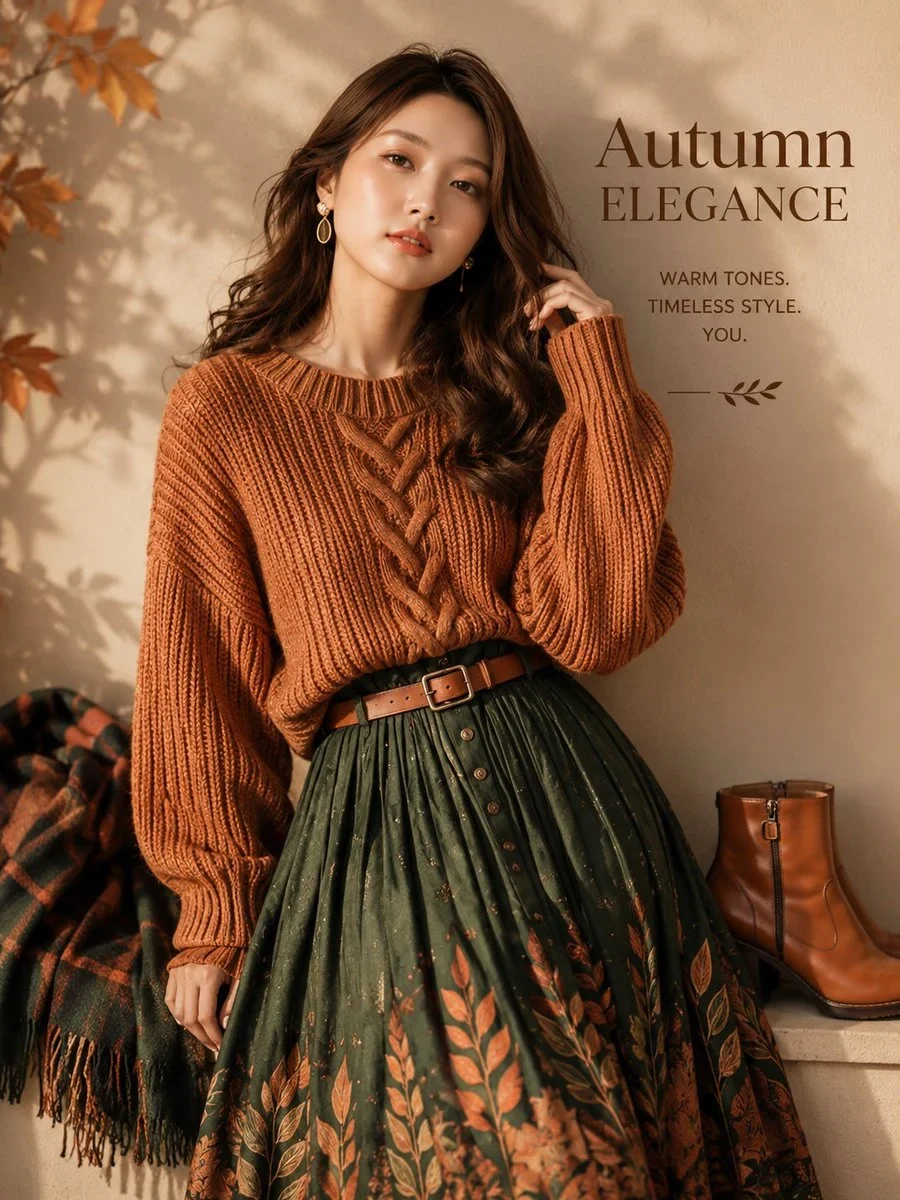 Ultra-Realistic Autumn Fashion Editorial Poster Featuring a Beautiful East Asian