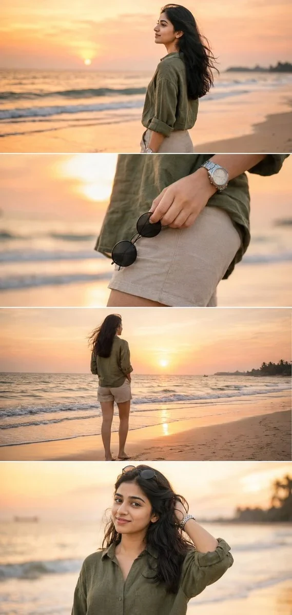 Ultra-Realistic DSLR Cinematic Beach Photoshoot Collage Featuring the SAME Girl