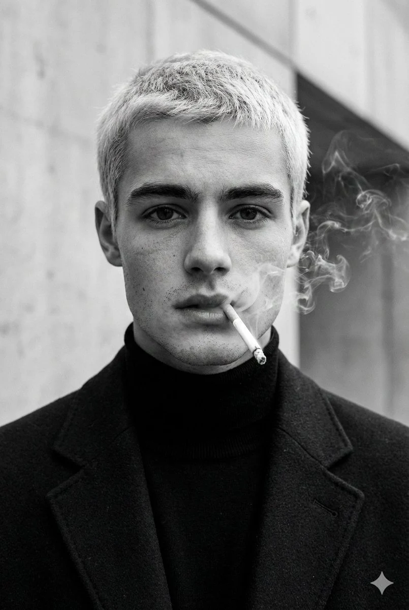 Ultra-Realistic Fashion Black and White Portrait of a Man with Short Light Hair