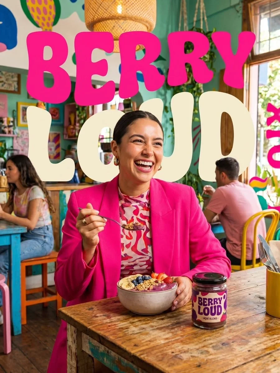 Vibrant Lifestyle Food Advertisement, Smiling Woman in a Bright Hot Pink Blazer
