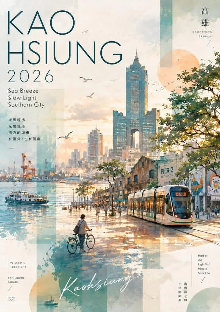 Watercolor and Collage Travel Poster for Kaohsiung, Taiwan