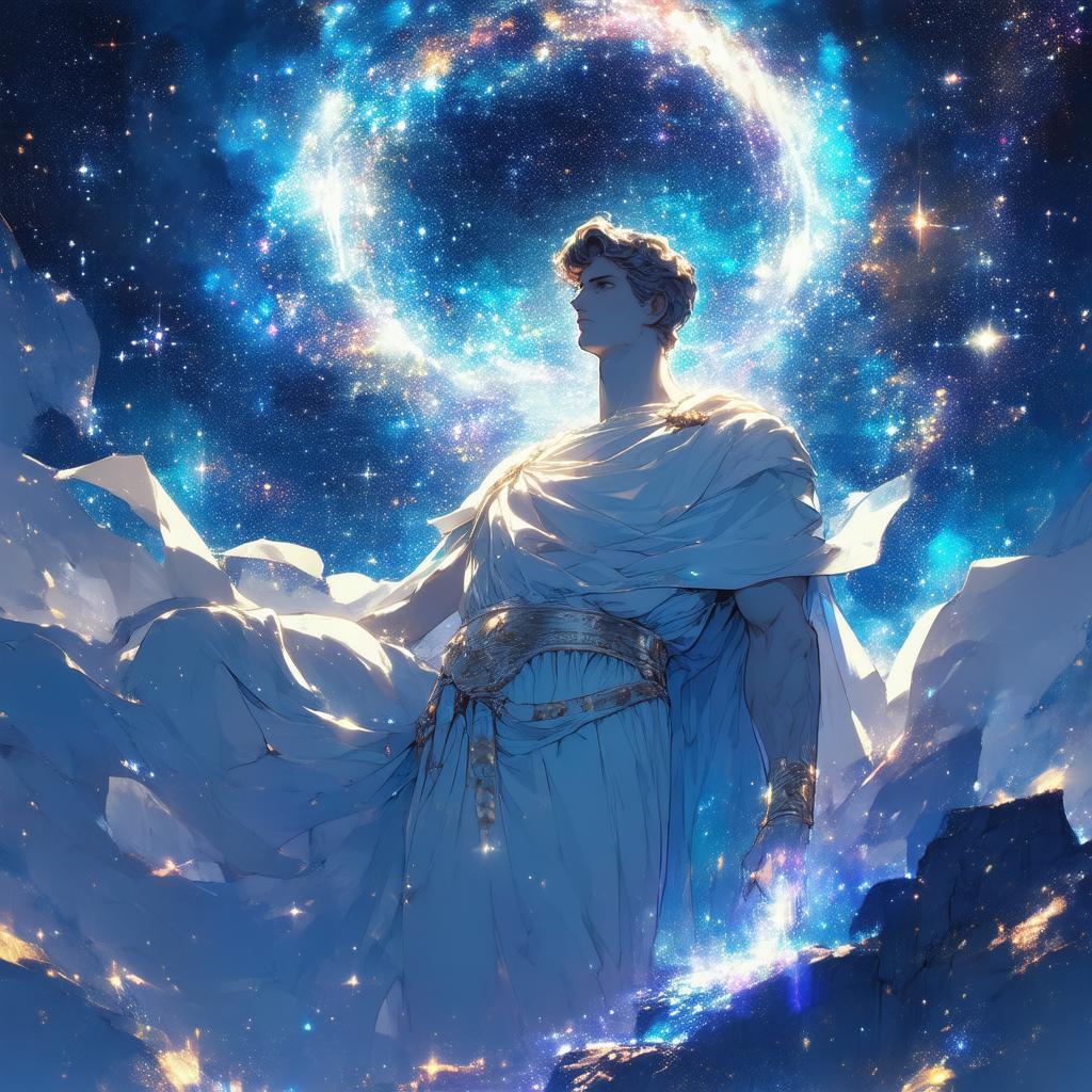 Greek God Ascendant Among Galaxy and Stars